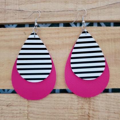 Black White Striped Earrings, Pink Jewelry, Dangle..