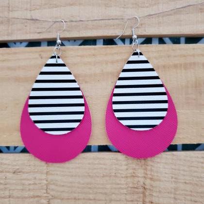 Black White Striped Earrings, Pink Jewelry, Dangle..
