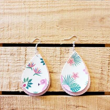 Floral Leather Earrings, Flamingo Jewelry, Pink..