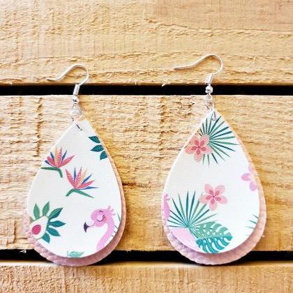 Floral Leather Earrings, Flamingo Jewelry, Pink..