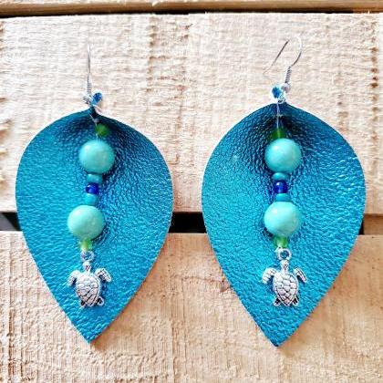 Turquoise Earrings, Metallic Leather Earrings,..
