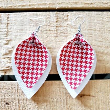 Red Houndstooth Leather Earrings, Pinched Leaf..