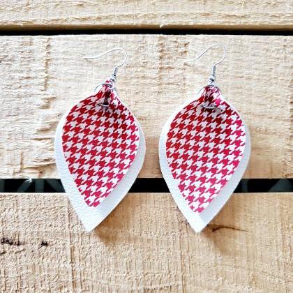 Red Houndstooth Leather Earrings, Pinched Leaf..