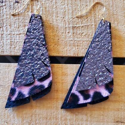 Layered Leather Earrings, Leopard Print Stacked..