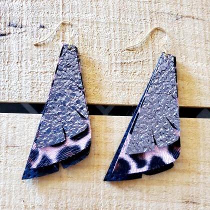 Layered Leather Earrings, Leopard Print Stacked..
