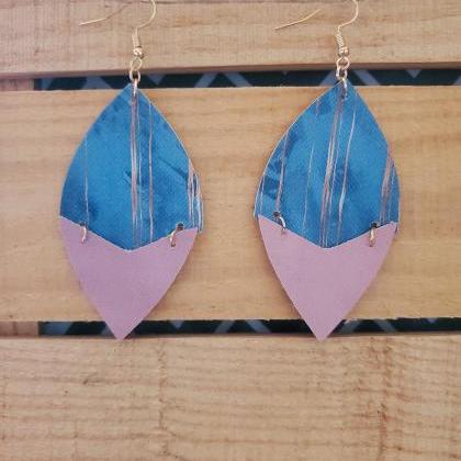 Pink And Blue Leather Earrings, Split Leather..