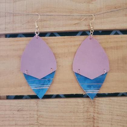 Pink And Blue Leather Earrings, Split Leather..