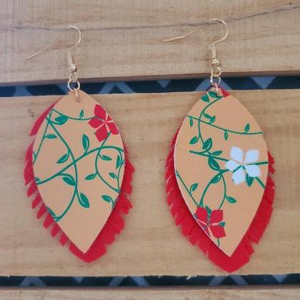 Red Yellow Floral Fringe Leather Earrings, Fringe..