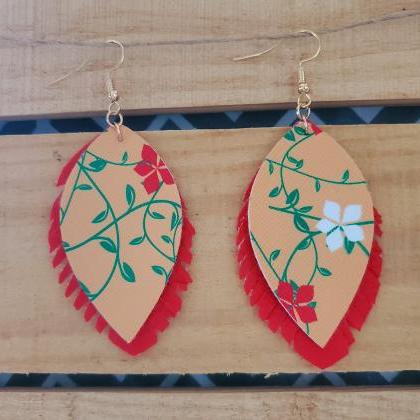 Red Yellow Floral Fringe Leather Earrings, Fringe..
