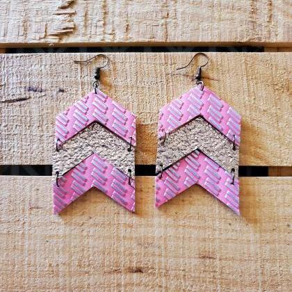 Pink And Gold Leather Earrings, Chevron Leather..