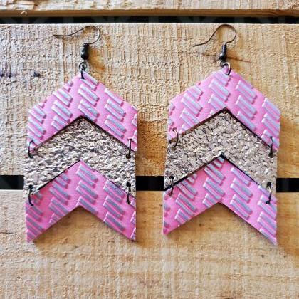 Pink And Gold Leather Earrings, Chevron Leather..