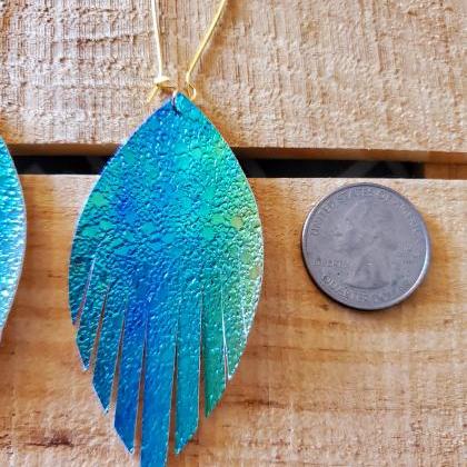 Rainbow Metallic Feather Earrings, Blue And Green..