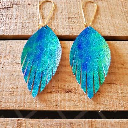 Rainbow Metallic Feather Earrings, Blue And Green..
