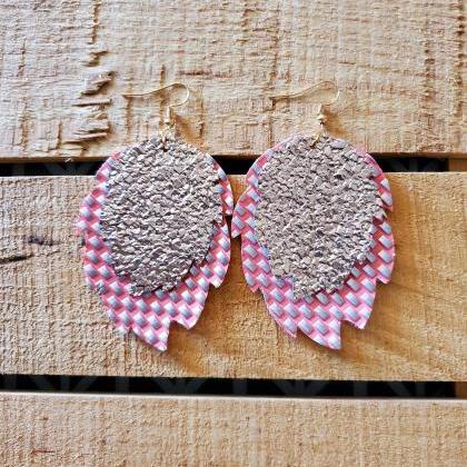 Pink And Rose Gold Layered Earrings, Leaf Shape..
