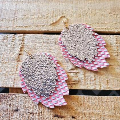 Pink And Rose Gold Layered Earrings, Leaf Shape..