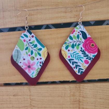 Floral Leather Layered Earrings, Maroon Leather..