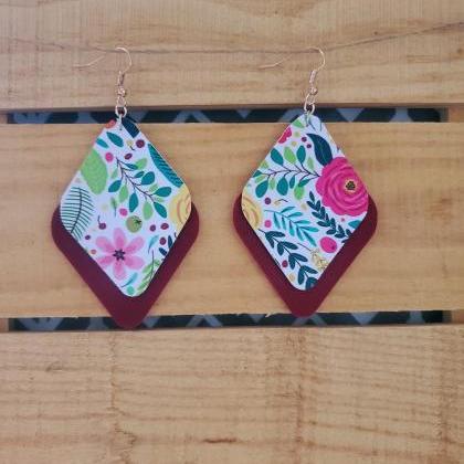 Floral Leather Layered Earrings, Maroon Leather..