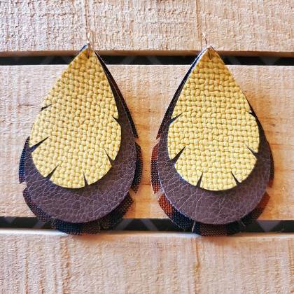 Brown Buffalo Plaid Leather Earrings, Feather..