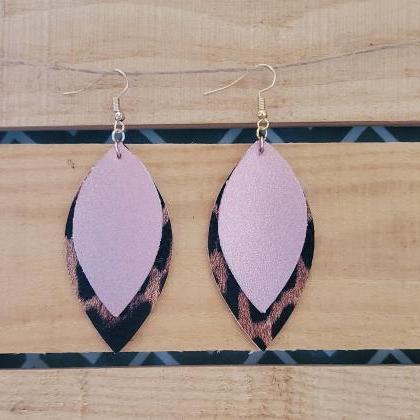Leopard Leather Earrings, Rose Gold Layered..