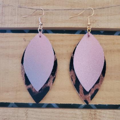 Leopard Leather Earrings, Rose Gold Layered..