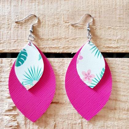 Tropical Floral Leather Earrings, Double Layer..