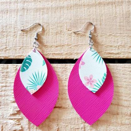 Tropical Floral Leather Earrings, Double Layer..