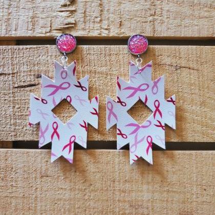 Breast Cancer Awareness Leather Earrings, Aztec..