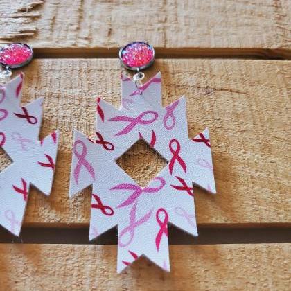 Breast Cancer Awareness Leather Earrings, Aztec..