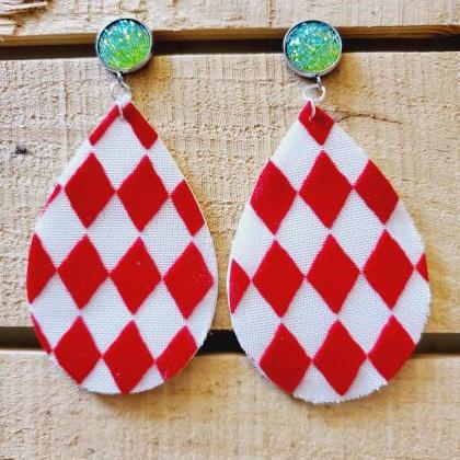 Red White Leather Earrings, Harlequin Pattern..