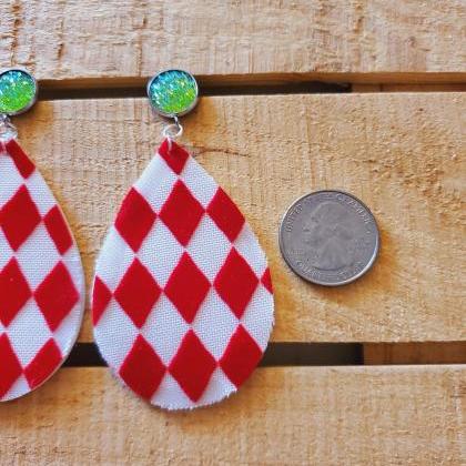 Red White Leather Earrings, Harlequin Pattern..