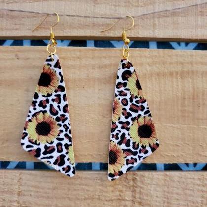 Sunflower Leopard Print Leather Earrings, Animal..
