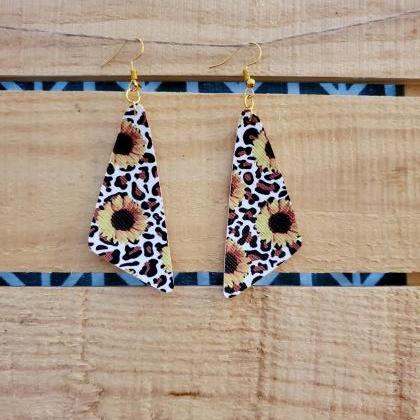 Sunflower Leopard Print Leather Earrings, Animal..