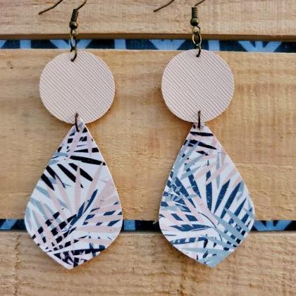 Tropical Floral Leather Dangles, Cream Round..