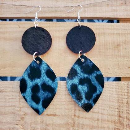 Turquoise Leopard Leather Earrings, Round Leather..