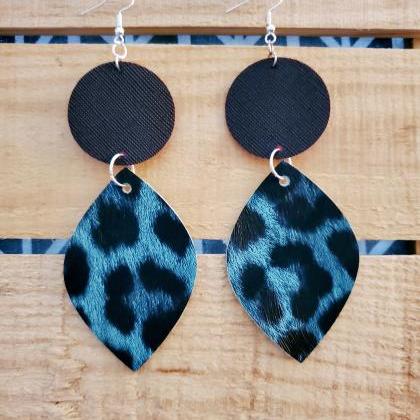 Turquoise Leopard Leather Earrings, Round Leather..