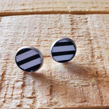 Black And White Striped Leather Stud Earrings,..