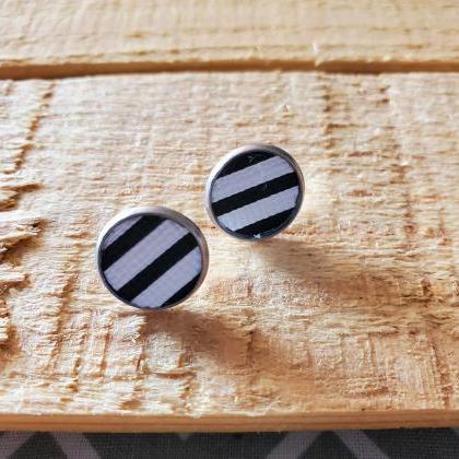 Black And White Striped Leather Stud Earrings,..
