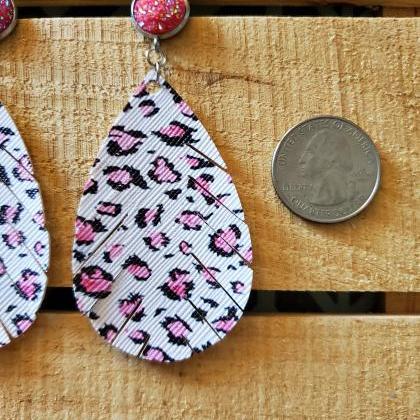 Pink Leopard Feather Earrings, Leopard Leather..