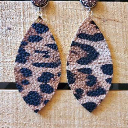 Leopard Print Leather Earrings, Druzy Earrings,..