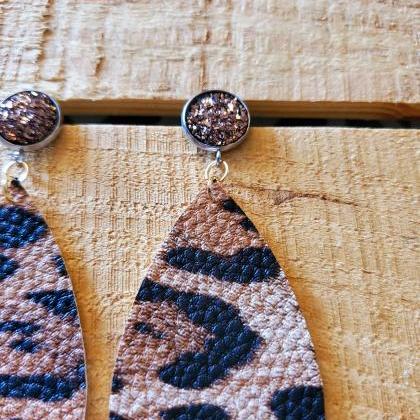 Leopard Print Leather Earrings, Druzy Earrings,..