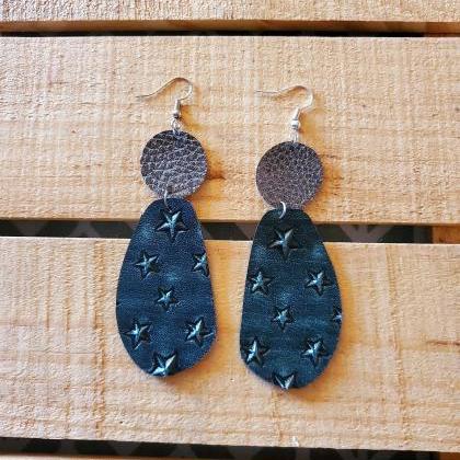 Distressed Green And Bronze Leather Earrings, Bar..
