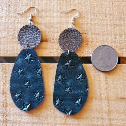 Distressed Green And Bronze Leather Earrings, Bar..