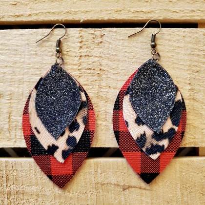 Buffalo Plaid Leopard Print Leather Earrings,..