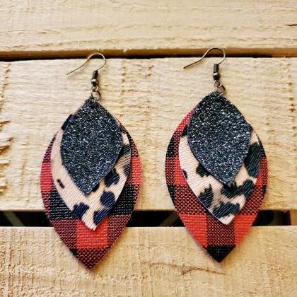 Buffalo Plaid Leopard Print Leather Earrings,..