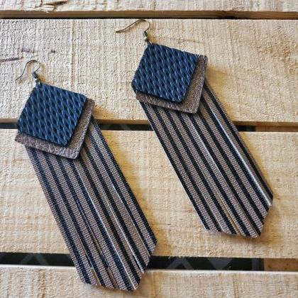Brown And Black Striped Leather Earrings, Fall..