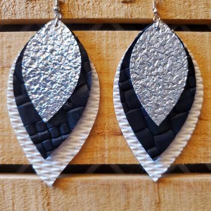 Triple Layered Leather Earrings, Black White And..