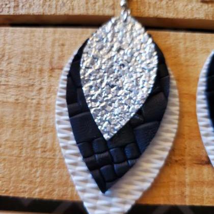 Triple Layered Leather Earrings, Black White And..