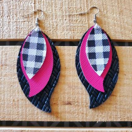 Pink And Black Leather Earrings, Triple Layered..