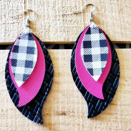 Pink And Black Leather Earrings, Triple Layered..