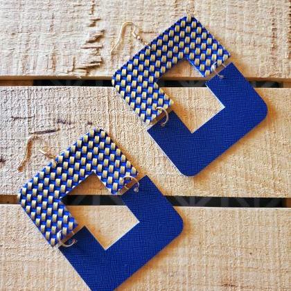 Blue And Gold Hinged Leather Earrings, Open..